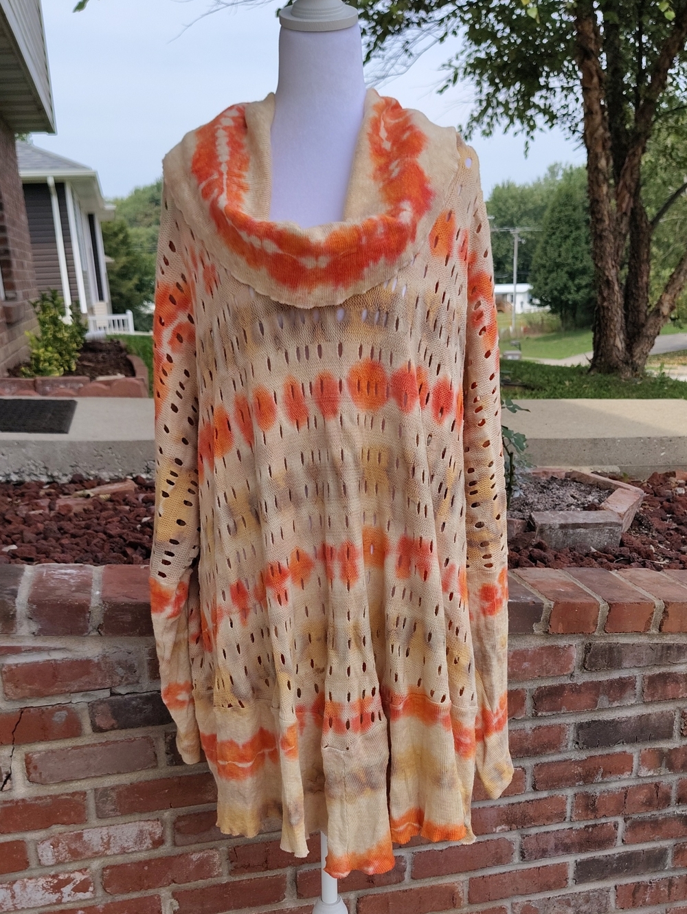 XCVI 100% Cotton Tie Dye Cowl Neckl Perforated Oversized Tunic Sweater Size XL